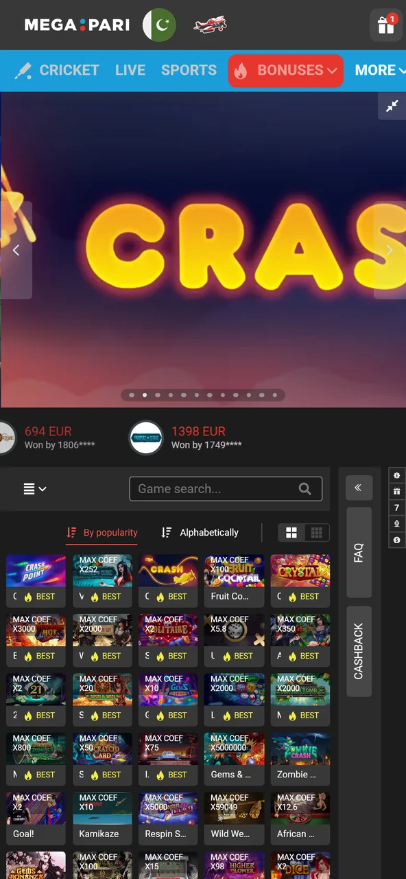 The casino list inside the Megapari app