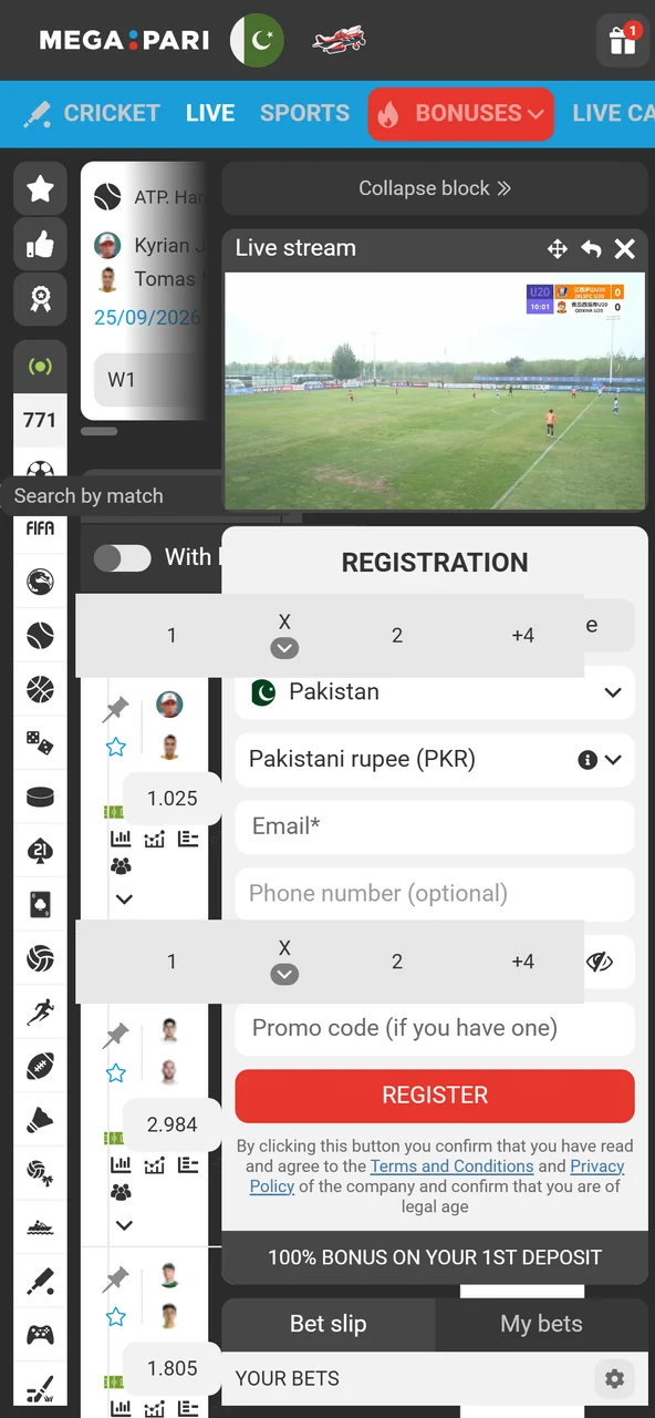 Searching for a live match in the Megapari app